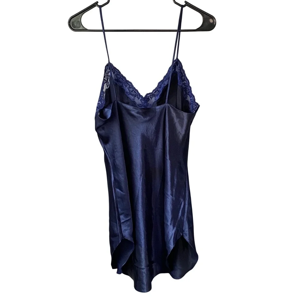 La Mouette Navy Blue Satin Lace Trim Chemise Slip‎ Dress Nightgown Medium